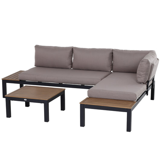 Photo of Outsunny 3 Pieces Garden Furniture Set, Aluminium 4 Seater Corner Sofa Set with 2 Loveseats, Coffee Table and Side Trays, Outdoor Conversation Furniture with Cushions for Garden, Black in Black colour on a white background