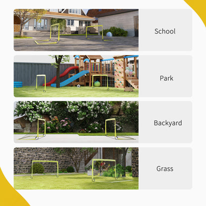 Pair of yellow-framed football goals shown at a school, park, backyard, and grassy area