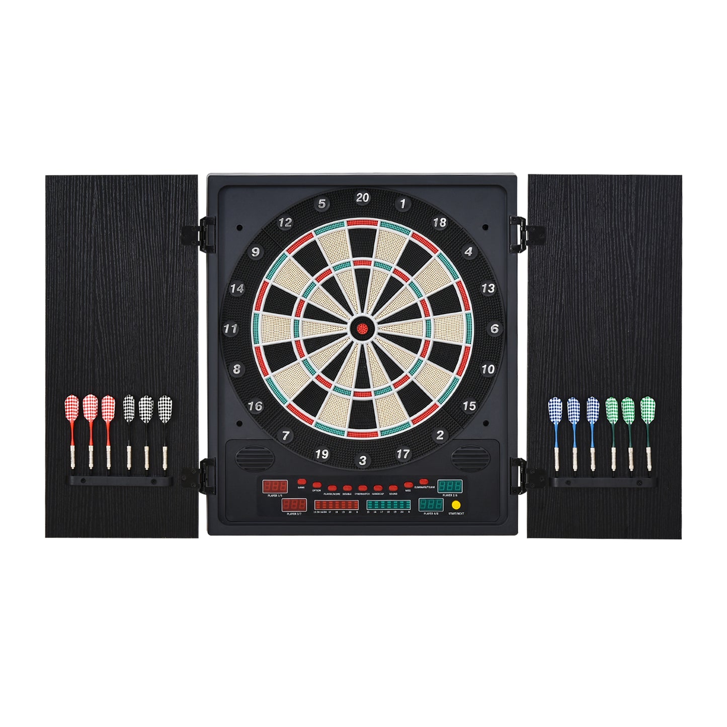 Photo of HOMCOM Electronic Dartboard Set, 27 Games Modes and 202 Variations, LED & 12 Soft Tip Darts and Cabinet to Storage, Ready-to-Play Multi-Game Option Darts Machine in Machine colour on a white background