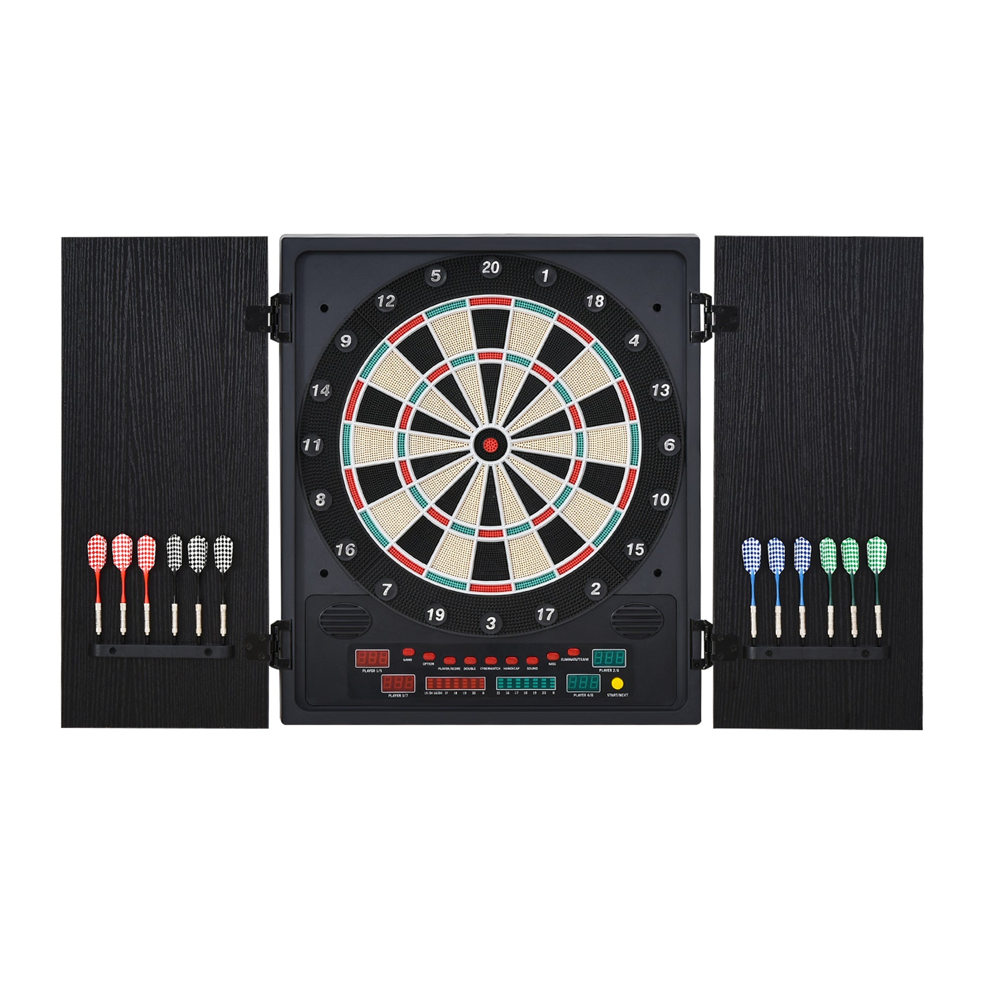 Photo of HOMCOM Electronic Dartboard Set, 27 Games Modes and 202 Variations, LED & 12 Soft Tip Darts and Cabinet to Storage, Ready-to-Play Multi-Game Option Darts Machine in Machine colour on a white background