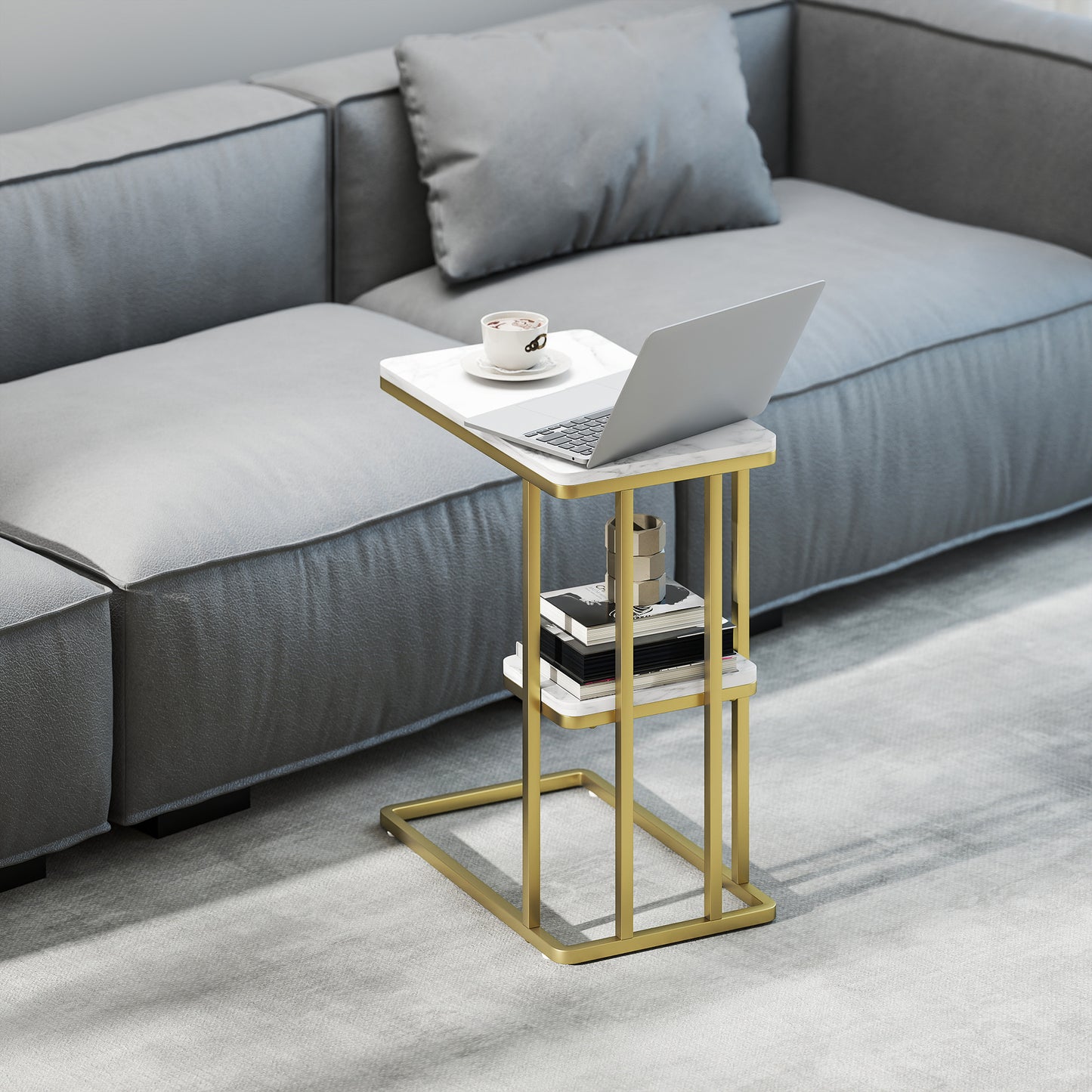 HOMCOM C-Shaped Narrow Side Table, 2-Tier Slim End Table, Nightstand for Small Spaces, Living Room, Bedroom, White Marble Grain