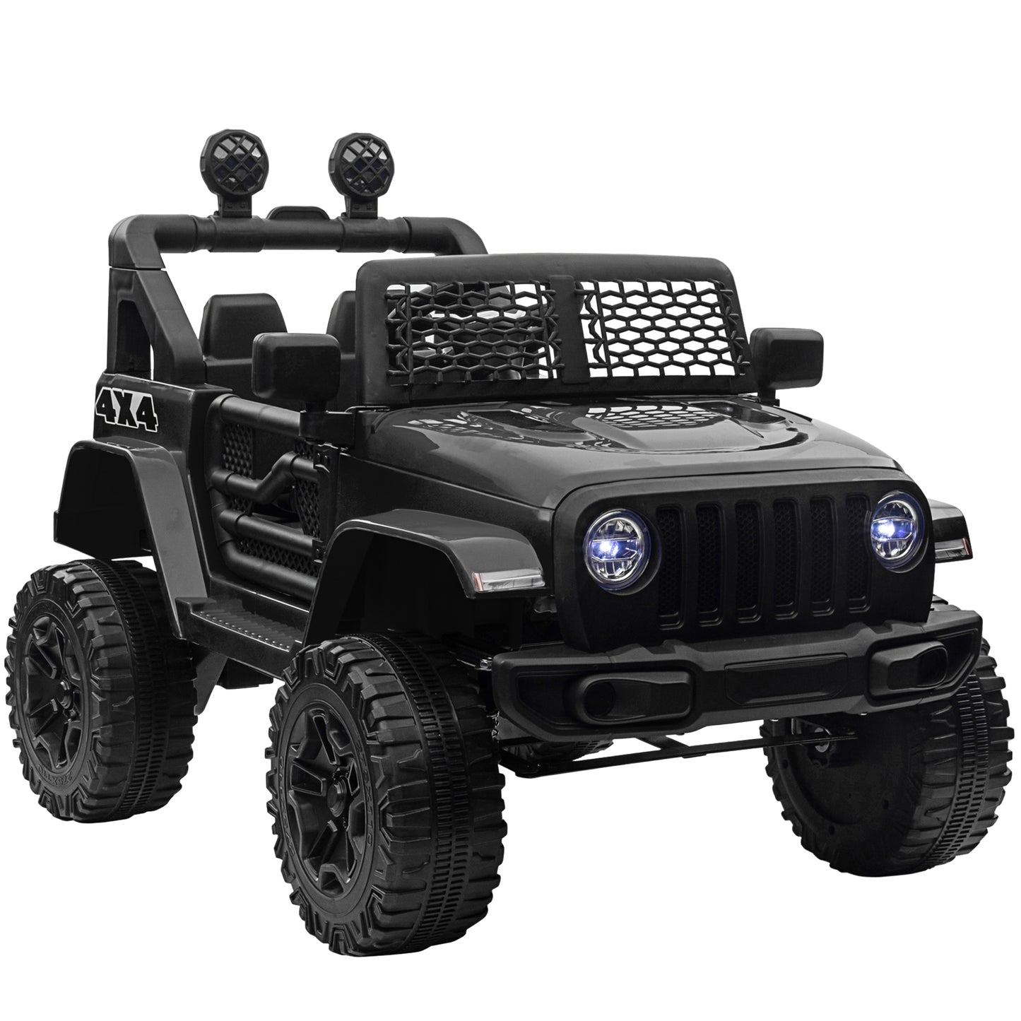 Photo of HOMCOM Kids Electric Ride On Car 12V Off Road Toy with Parental Remote Control 2 Motors Horn Lights Suspension Wheels for 3-6 Years Old Black in Black colour on a white background