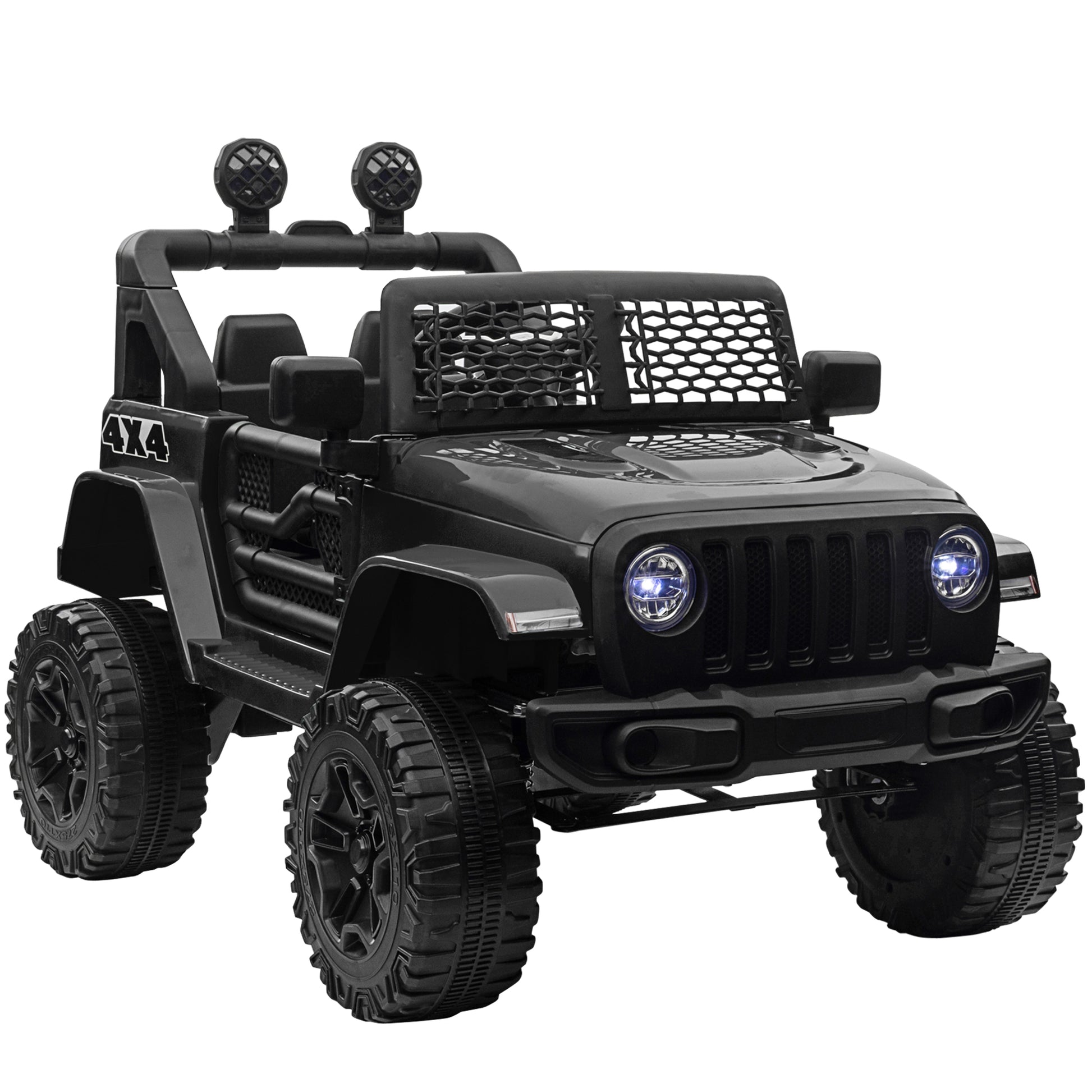 Photo of HOMCOM Kids Electric Ride On Car 12V Off Road Toy with Parental Remote Control 2 Motors Horn Lights Suspension Wheels for 3-6 Years Old Black in Black colour on a white background
