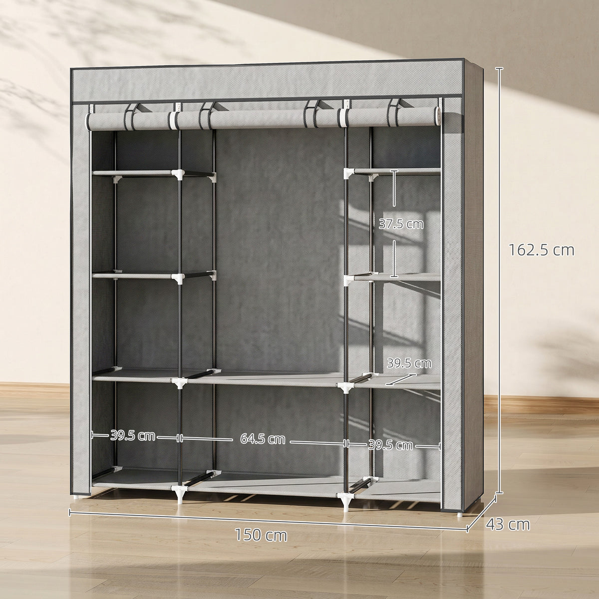HOMCOM Clothes Storage Organiser with Hanging Rail, Shelves, Portable Wardrobe, Foldable Fabric Wardrobe, Light Grey