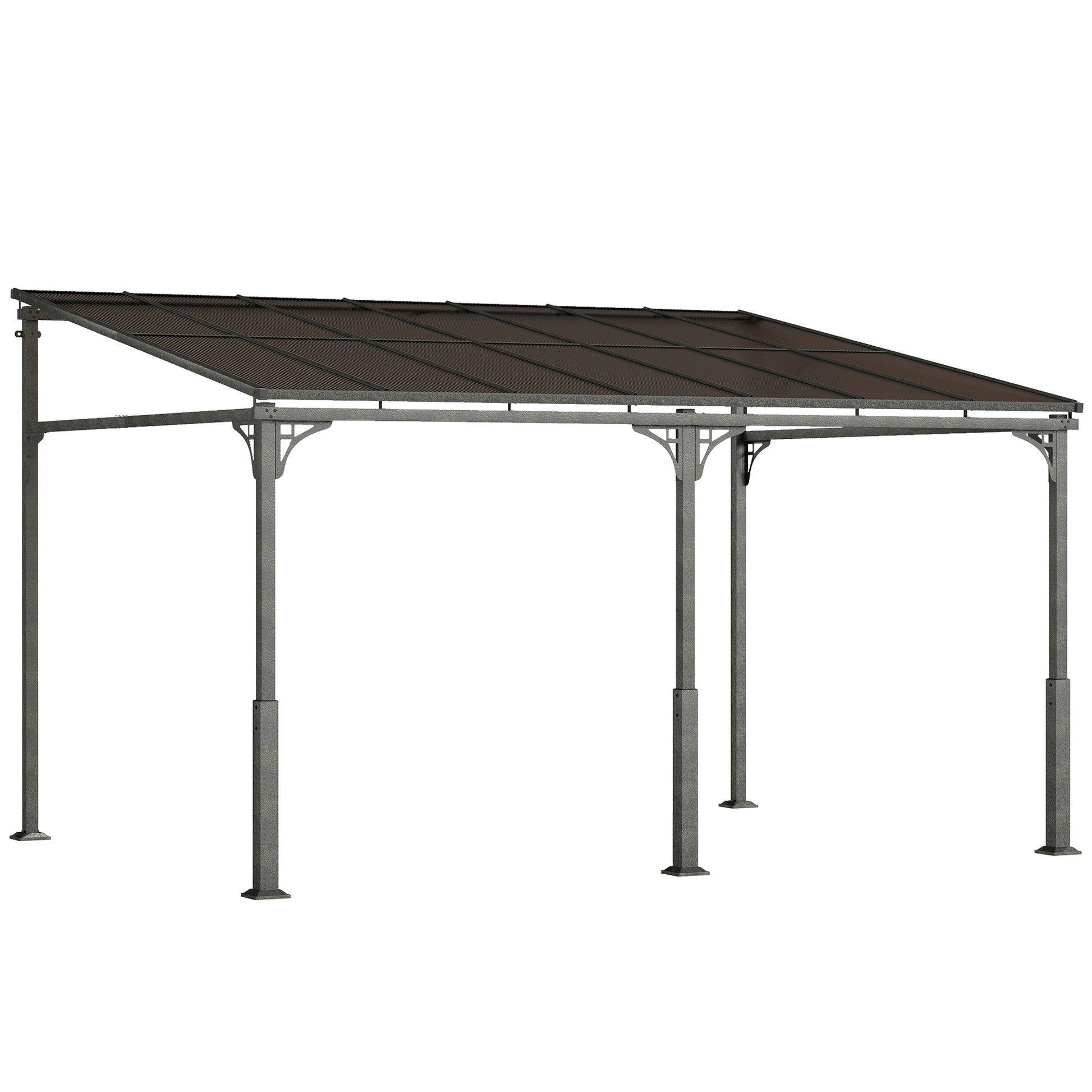 Photo of Outsunny 4 x 3 m Metal Lean-to Pergola, Wall-Mounted Garden Pergola with Polycarbonate Roof and Metal-Aluminium Frame, Heavy Duty Hardtop Gazebo for Outdoor Patios, BBQ, Brown in Brown colour on a white background