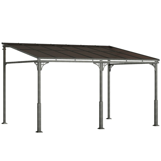 Photo of Outsunny 4 x 3 m Metal Lean-to Pergola, Wall-Mounted Garden Pergola with Polycarbonate Roof and Metal-Aluminium Frame, Heavy Duty Hardtop Gazebo for Outdoor Patios, BBQ, Brown in Brown colour on a white background