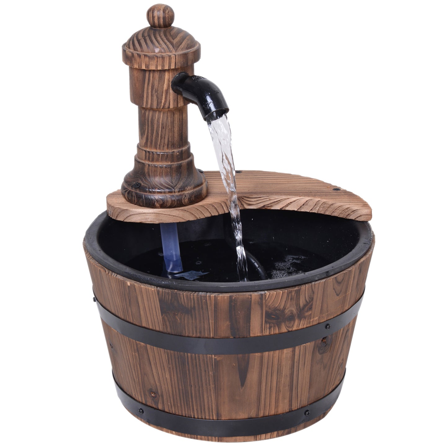 Photo of Outsunny Wood Barrel Patio Water Fountain Garden Decorative Ornament Water Feature with Electric Pump (Type A) in A) colour on a white background