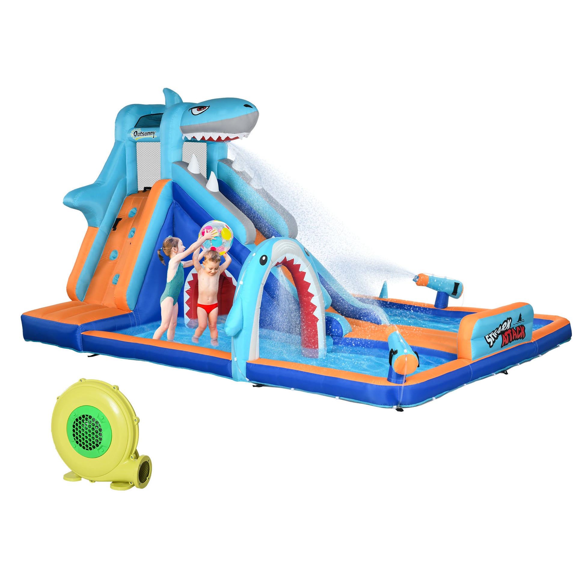 Photo of Outsunny 6 in 1 Shark-Themed Bouncy Castle, Inflatable Water Park, with Slide, Pool, Trampoline, Blower, for Ages 3-8 Years in Years colour on a white background