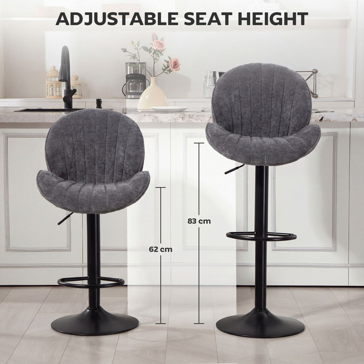 HOMCOM Bar Stools Set of 2, Swivel Barstools with Back, Adjustable Height and Footrest for Kitchen Island, Dining Room, Grey