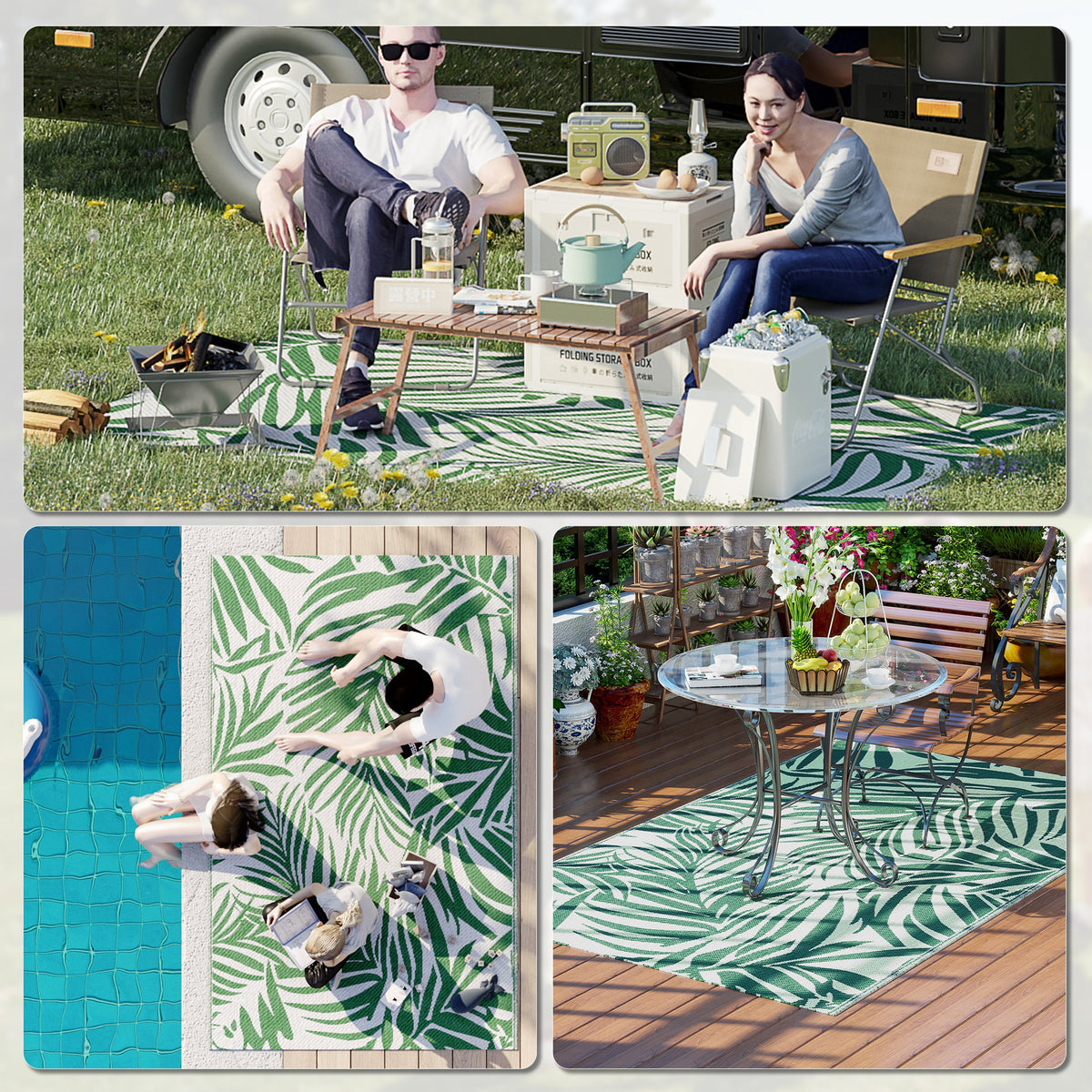 Outsunny Outdoor Rug Reversible Mat Plastic Straw Rug Portable RV Camping Mat for Garden Deck Picnic Indoor, 152 x 243 cm (5 x 8 ft), Green & White