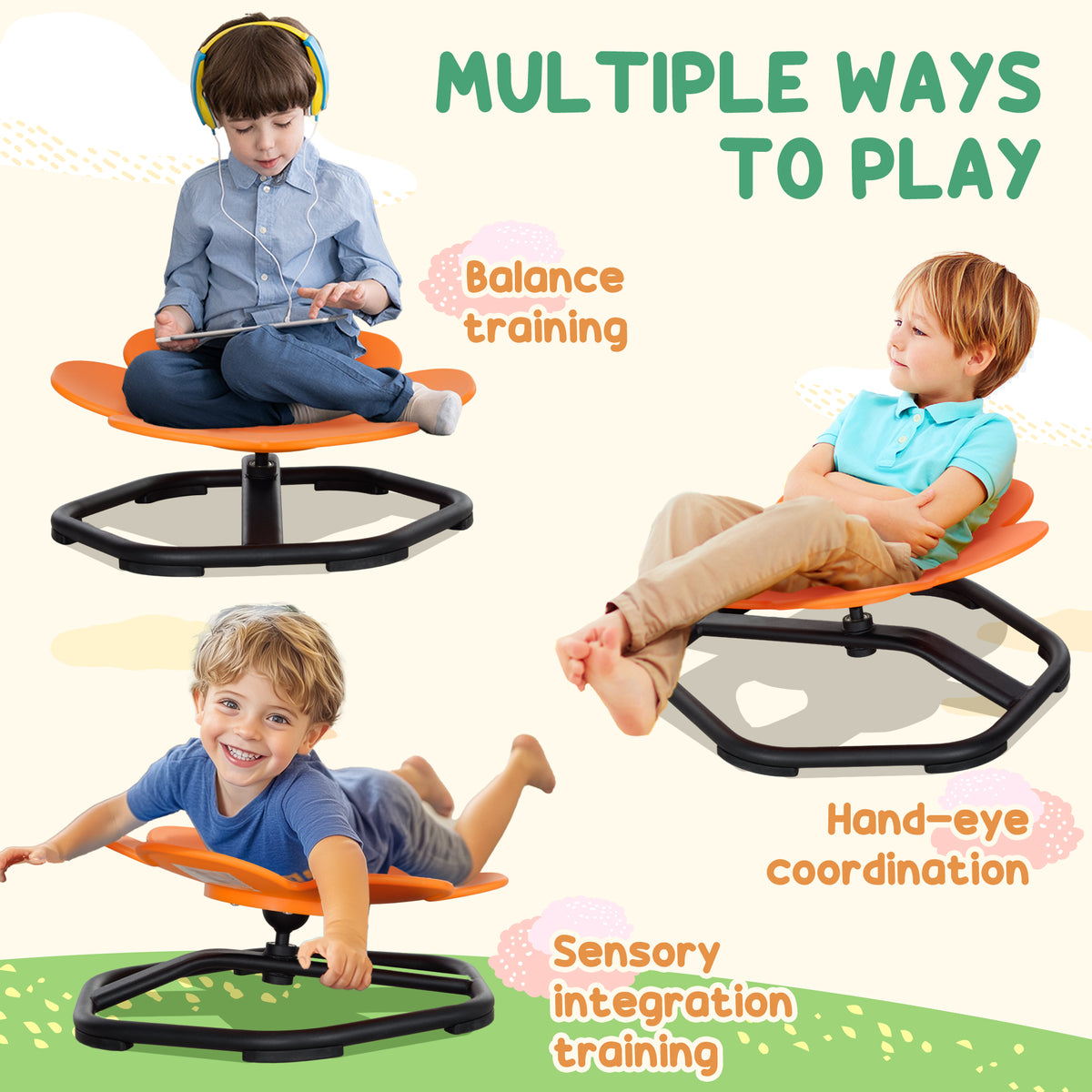 Children using the orange spinning chair in seated and prone positions