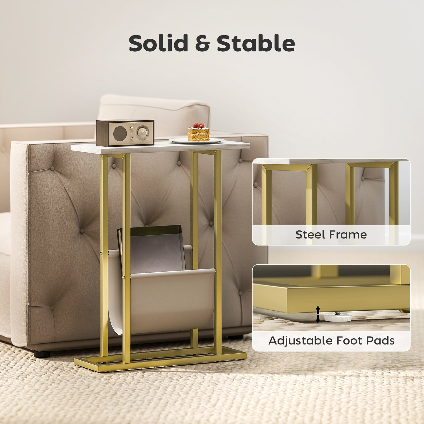 HOMCOM Narrow Side Table, End Table with Magazine Holder, Nightstand for Small Spaces, Living Room, Bedroom, White Marble Grain