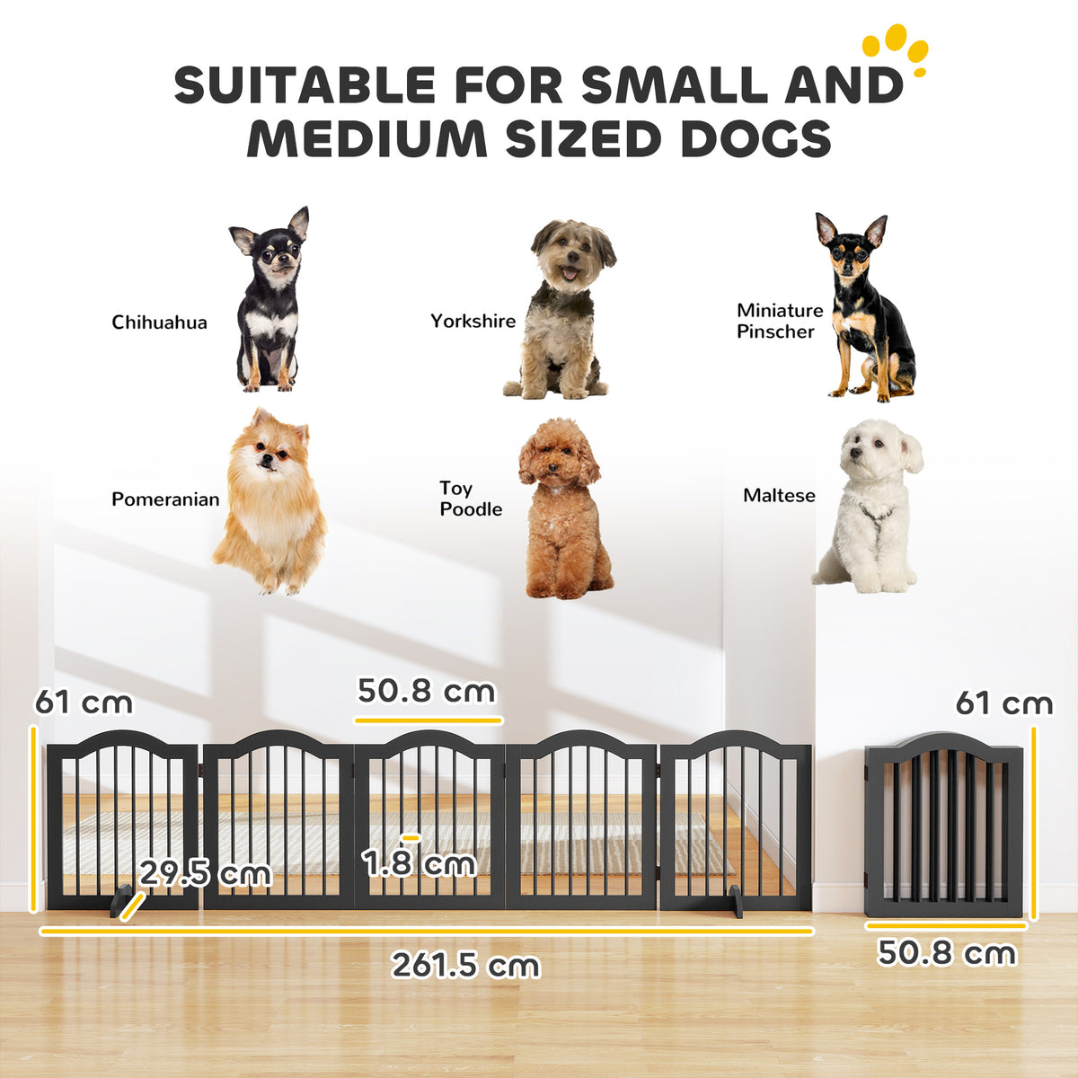 PawHut Freestanding Dog Gate Wooden Stair Gate for Dogs with Support Feet Foldable Pet Fence Safety Barrier for the House Doorway Stairs Black
