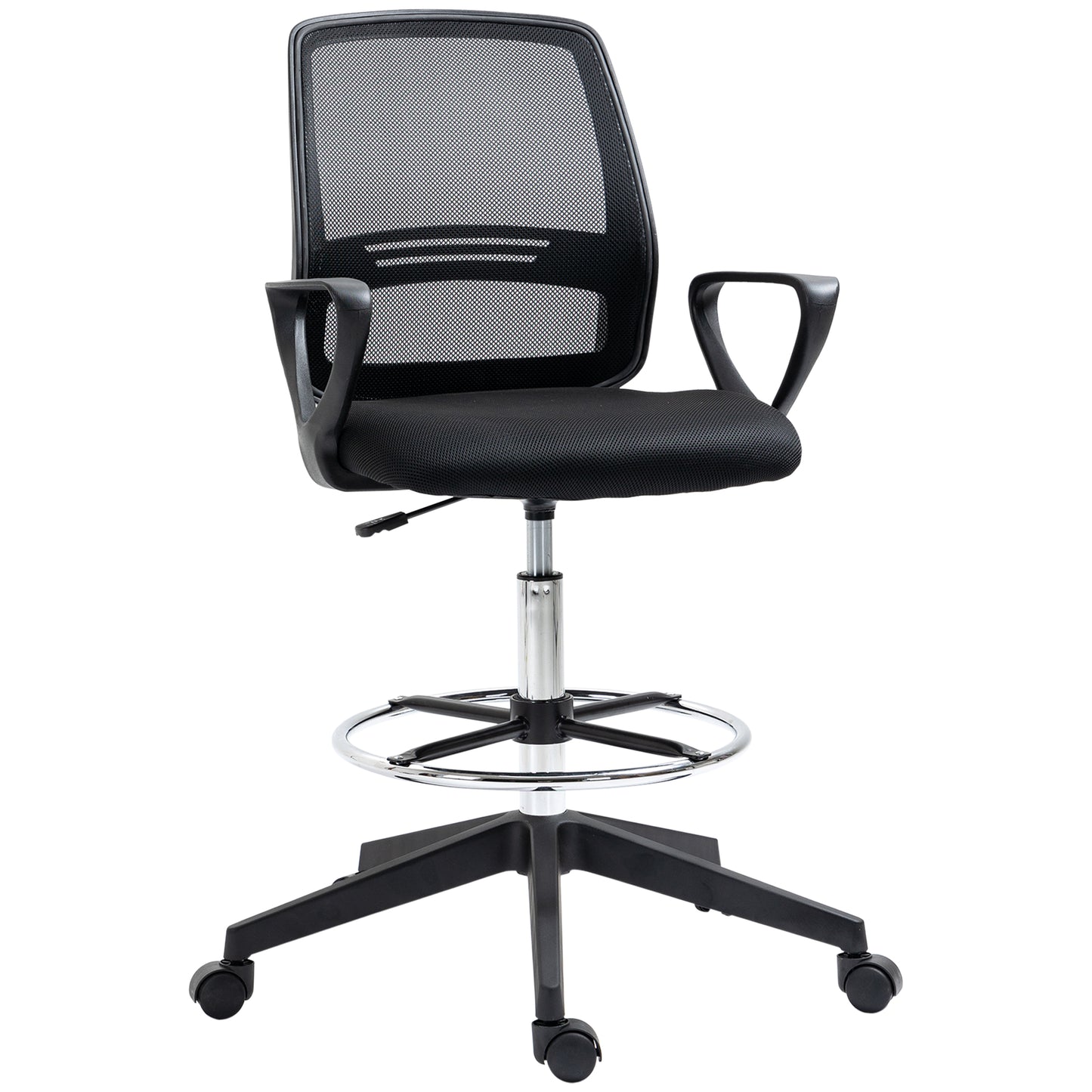 Photo of Vinsetto Drafting Chair, Ergonomic Tall Office Chair with Mesh Back, Lumbar Support, Adjustable Height and Foot Ring, Swivel Wheels, for Standing Desk, Black in Black colour on a white background