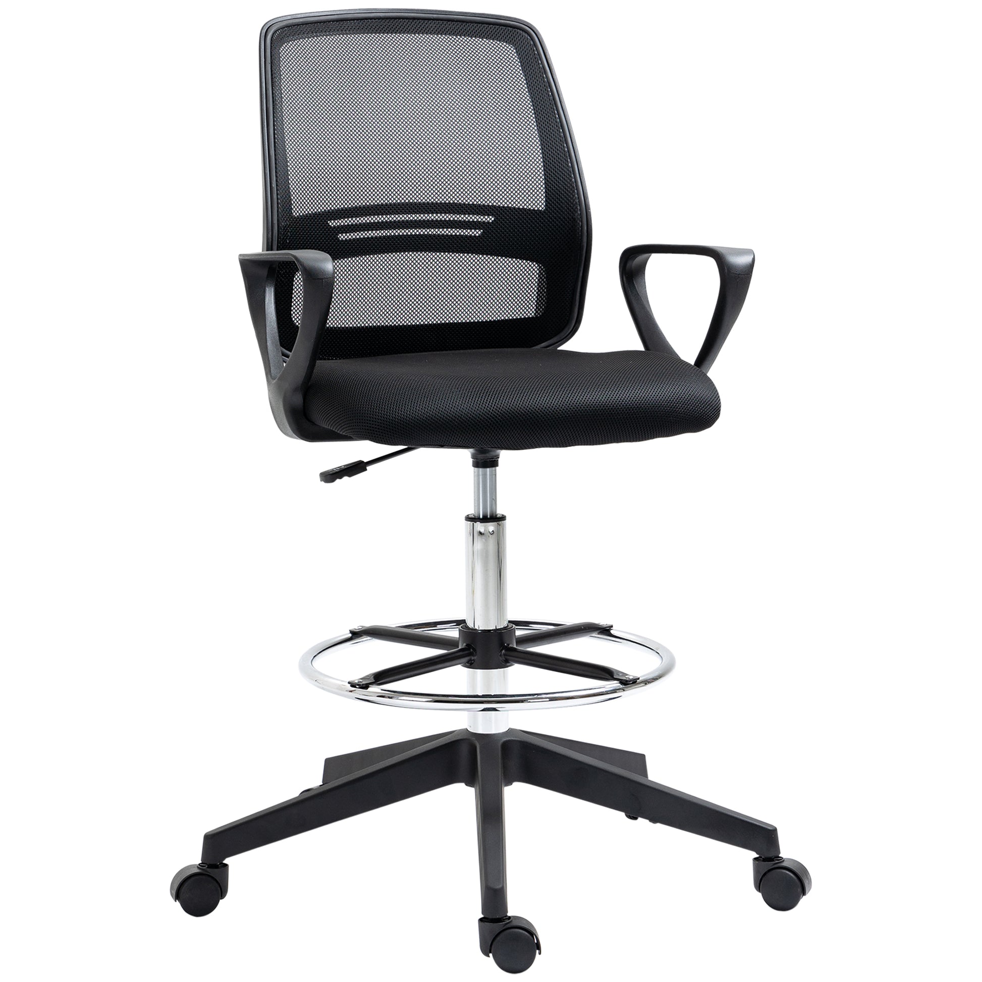 Photo of Vinsetto Drafting Chair, Ergonomic Tall Office Chair with Mesh Back, Lumbar Support, Adjustable Height and Foot Ring, Swivel Wheels, for Standing Desk, Black in Black colour on a white background