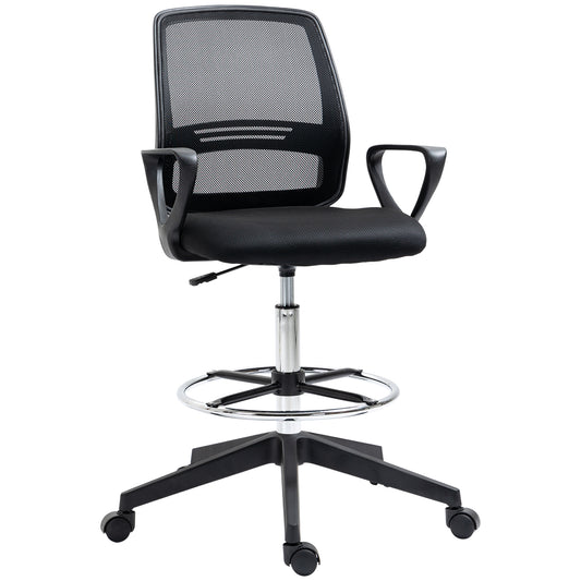 Photo of Vinsetto Drafting Chair, Ergonomic Tall Office Chair with Mesh Back, Lumbar Support, Adjustable Height and Foot Ring, Swivel Wheels, for Standing Desk, Black in Black colour on a white background