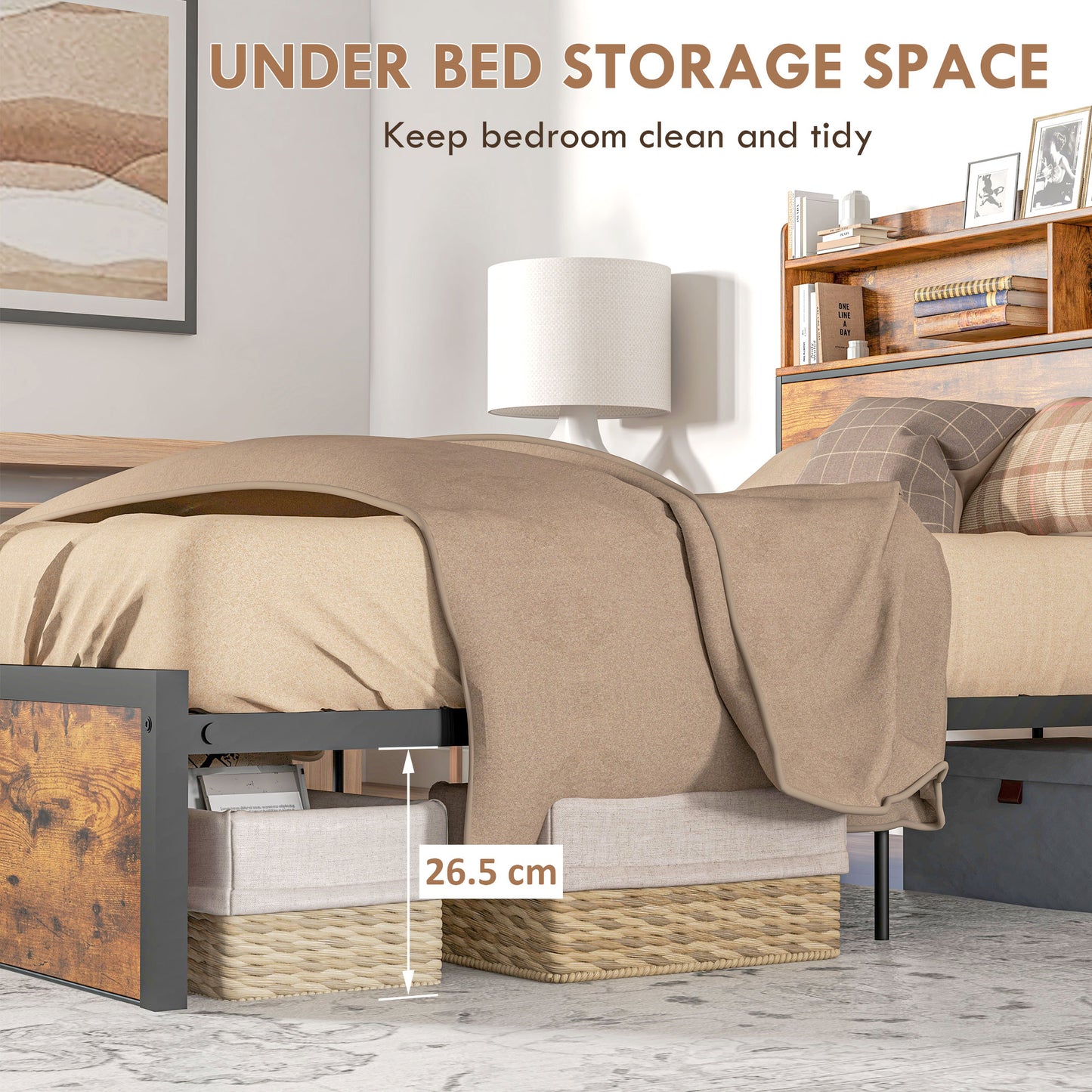 HOMCOM Industrial Double Bed Frame with Storage Headboard & Under-Bed Space – Robust Steel Base, 4.8 ft Double Bed, Rustic Brown