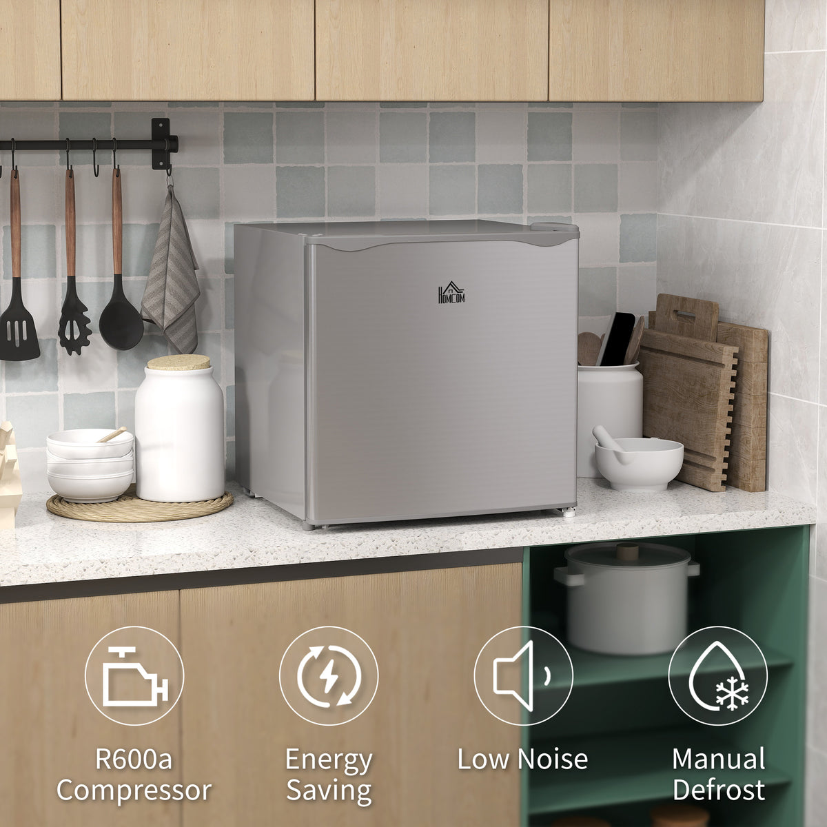 Grey HOMCOM mini freezer with top-opening door and compact countertop design