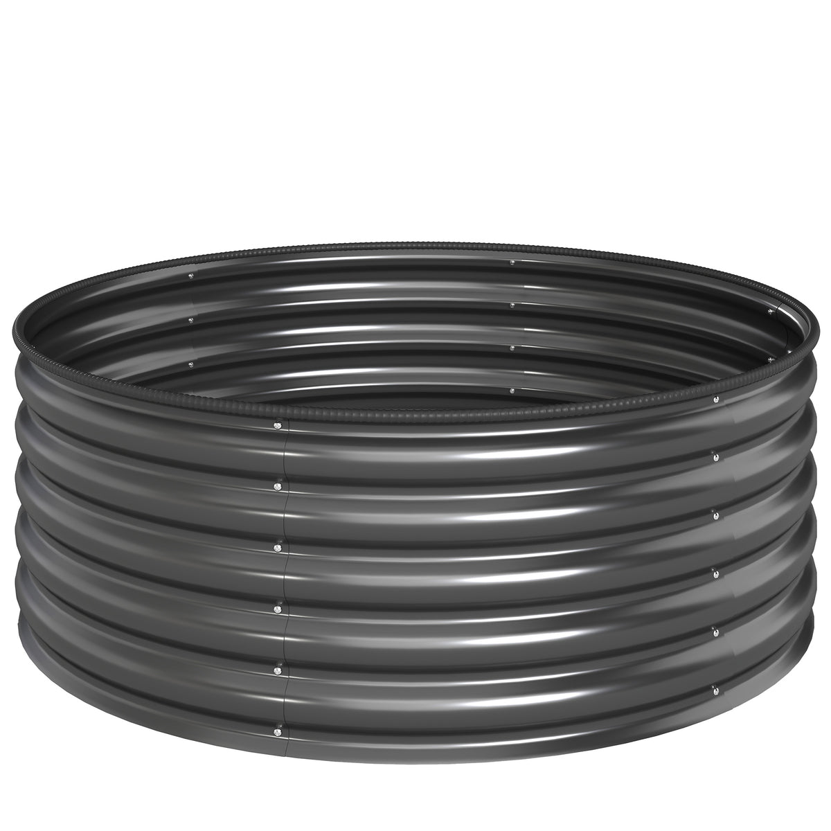 Dark grey galvanized steel raised garden bed with corrugated sides and rounded safety edging