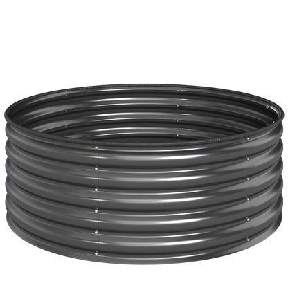 Dark grey galvanized steel raised garden bed with corrugated sides and rounded safety edging