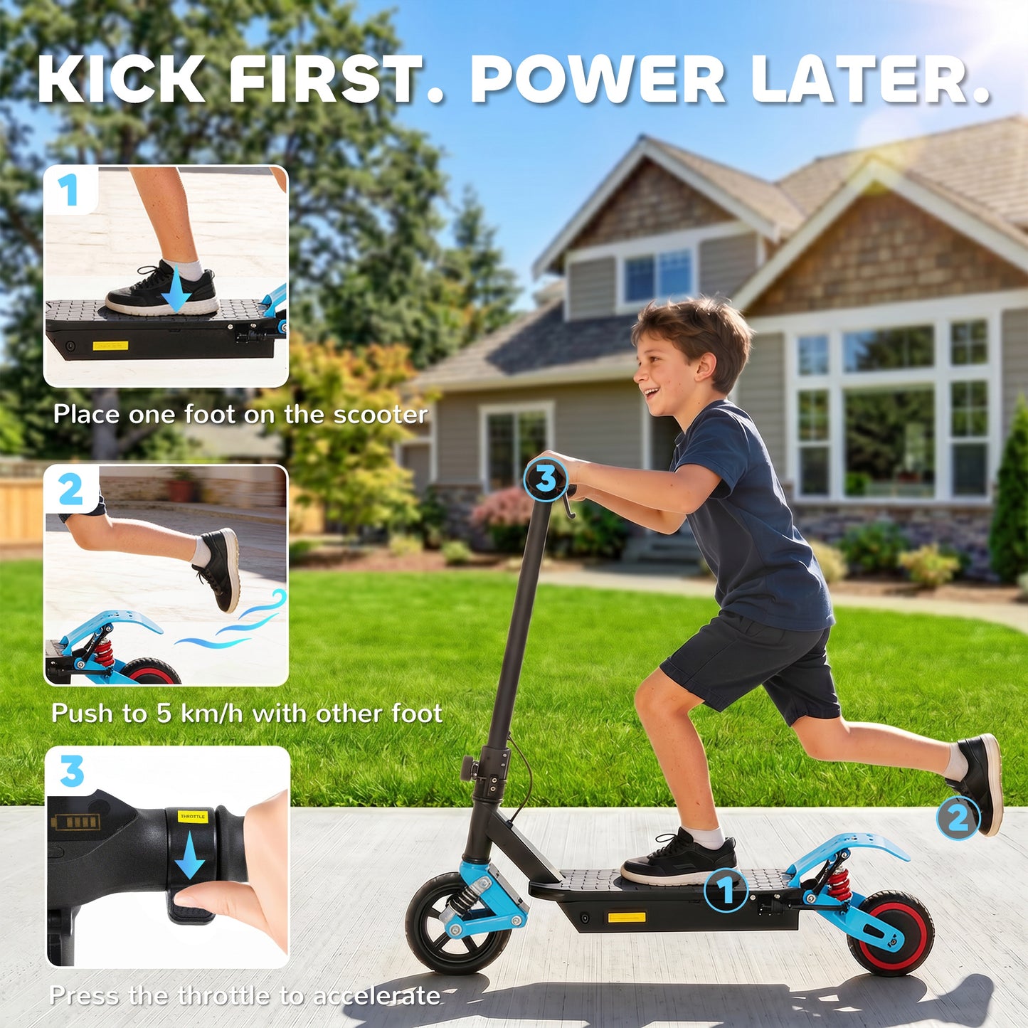 AIYAPLAY Foldable Kids Electric Scooter with LCD Display, Dual Shock Absorption, Up to 15 KM/H, Max Range 6 KM for Age 6-14, Blue