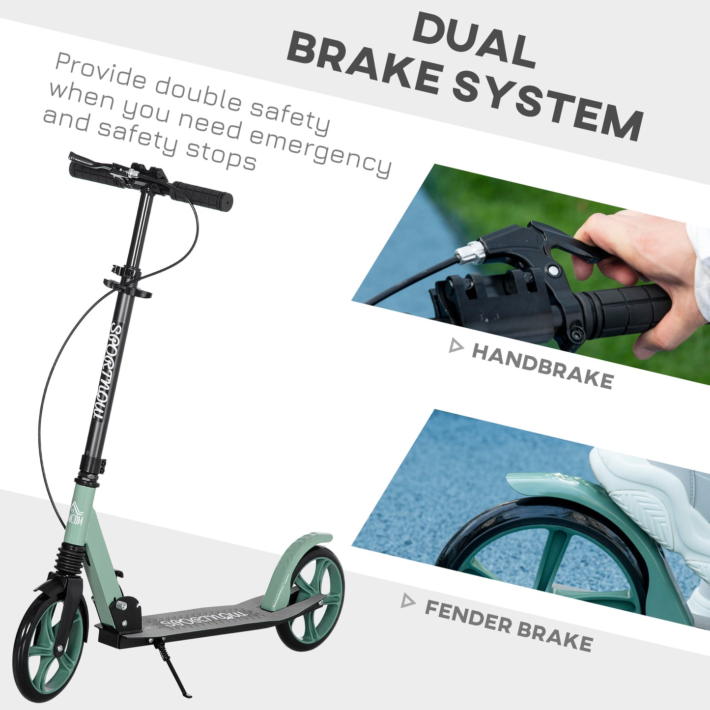 HOMCOM One-click Folding Kick Scooter for 14+ w/ Adjustable Handlebar, Push Scooter with Kickstand, Dual Brake System, Shock Absorber, 200mm Wheels & ABEC-9 Bearings, Green