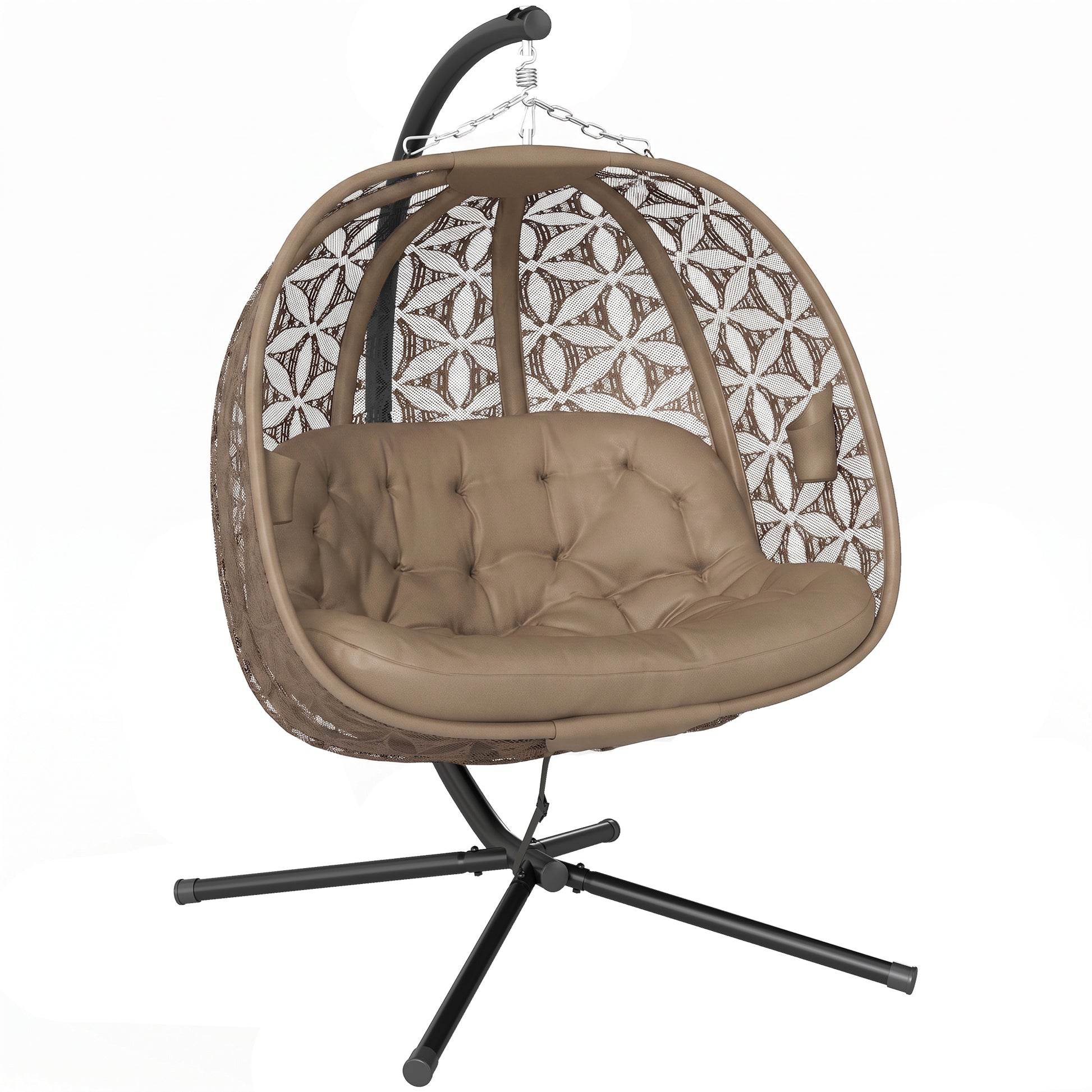 Photo of Outsunny Outdoor Double Hanging Chair with Cushion and Cup Holders, Sand Brown in Brown colour on a white background