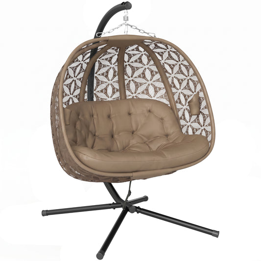 Photo of Outsunny Outdoor Double Hanging Chair with Cushion and Cup Holders, Sand Brown in Brown colour on a white background