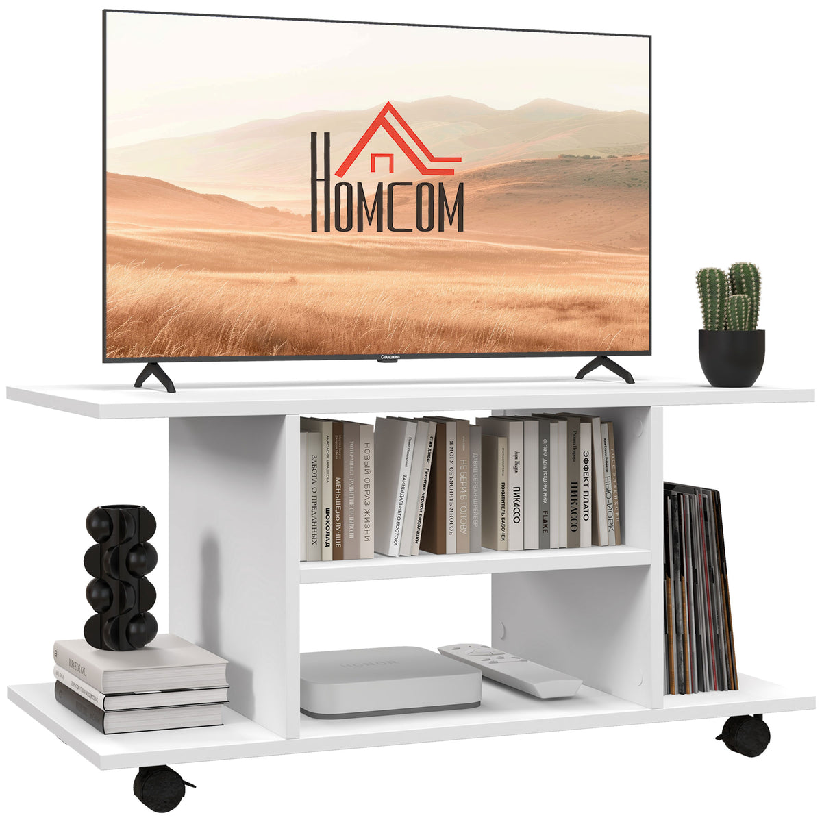 White TV stand with open storage shelves and caster wheels, shown beneath a television