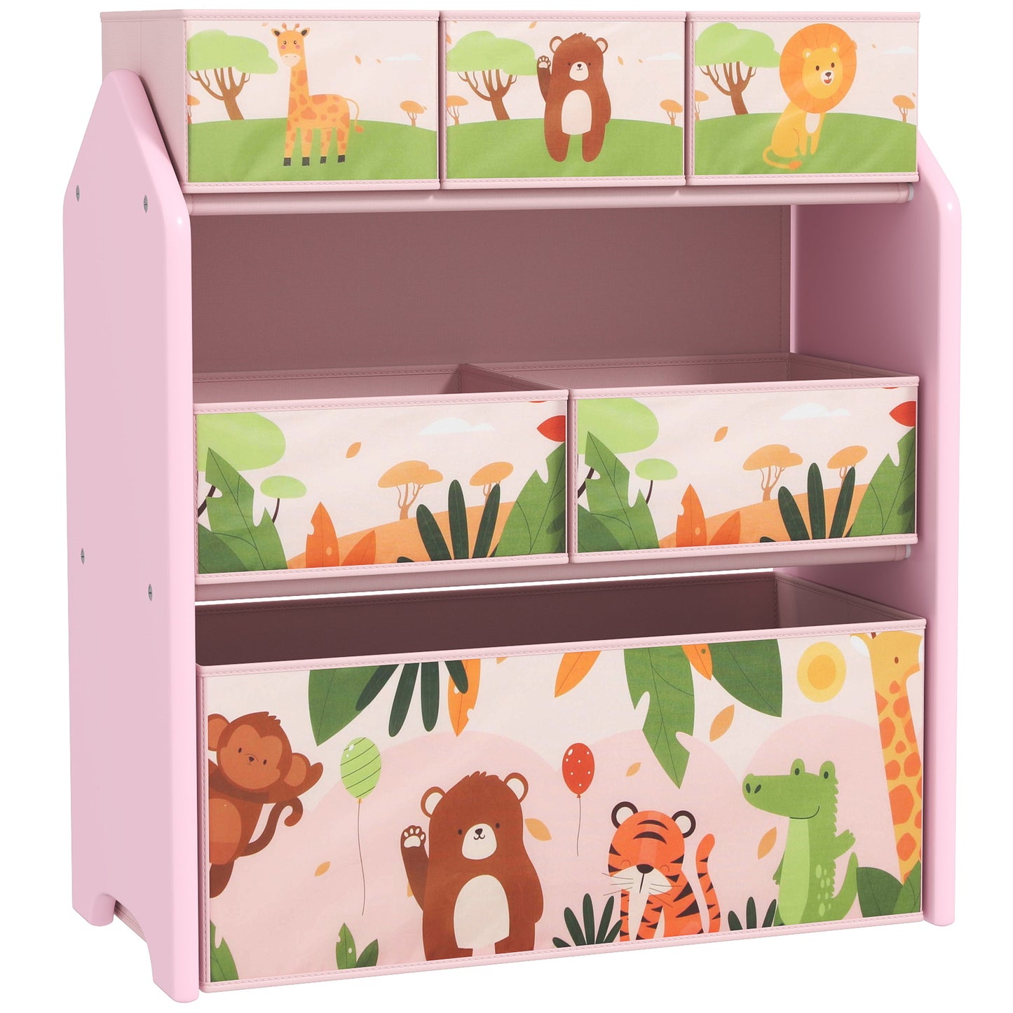 Photo of AIYAPLAY 3-Tier Kids Toy Storage Unit with 6 Removable Storage Boxes, for Playroom, Bedroom, Children's Room, Nursery, Pink in Pink colour on a white background