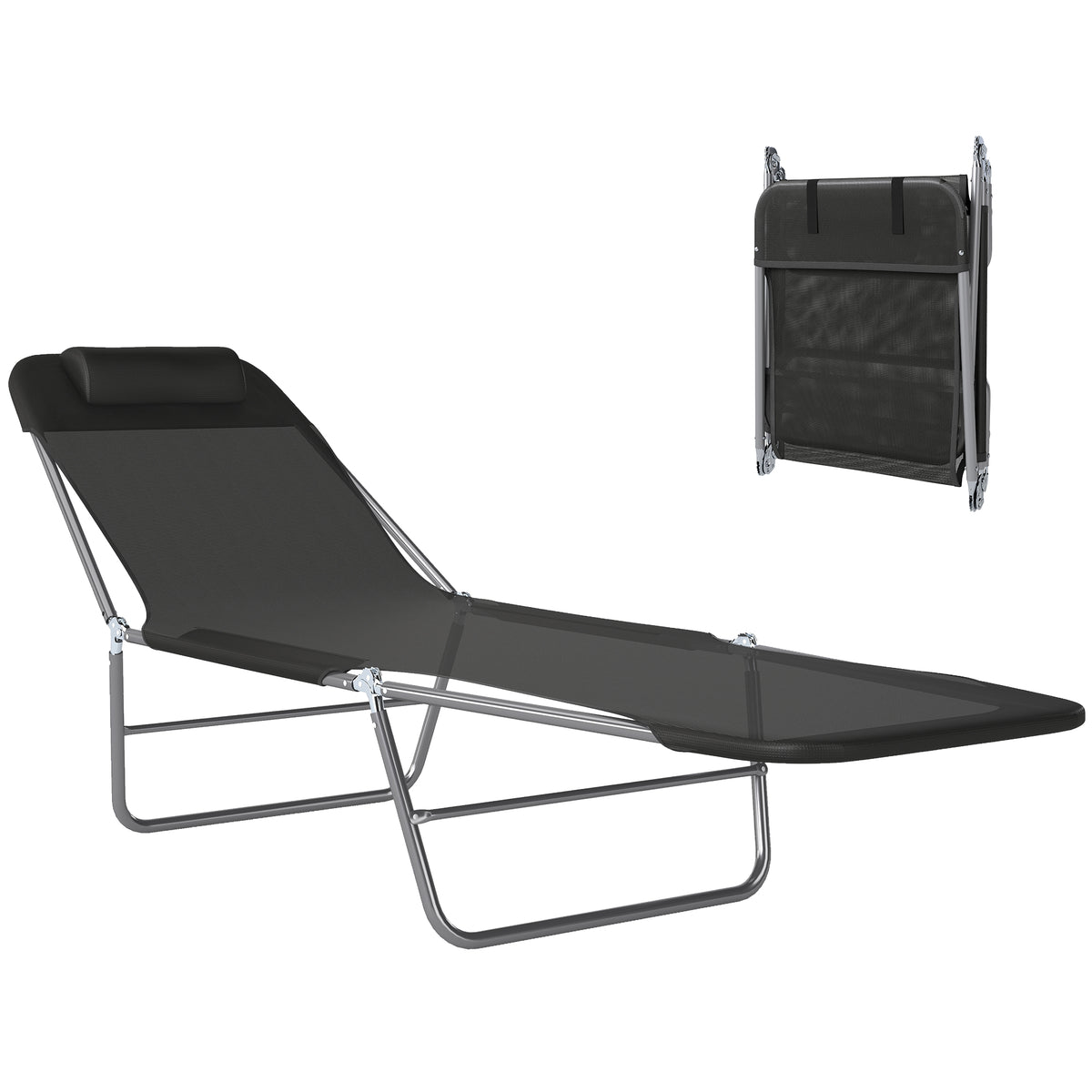 Black textilene folding sun lounger with a headrest and reclining backrest, shown open and folded