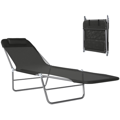 Black textilene folding sun lounger with a headrest and reclining backrest, shown open and folded