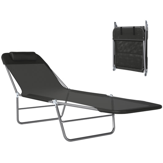 Black textilene folding sun lounger with a headrest and reclining backrest, shown open and folded