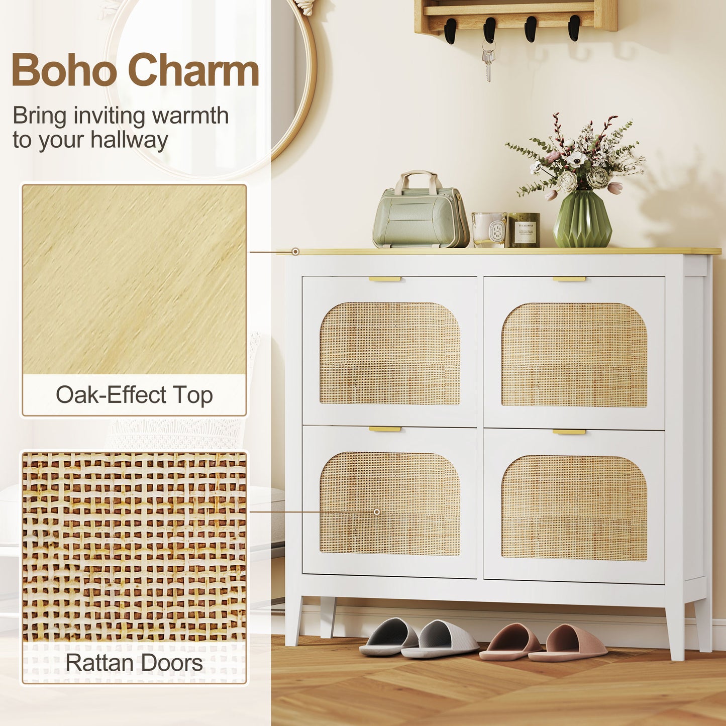 HOMCOM Narrow Shoe Cabinet, Boho Slim Shoe Storage Cabinet with 4 Flip Drawers, Holds 20 Pairs, White