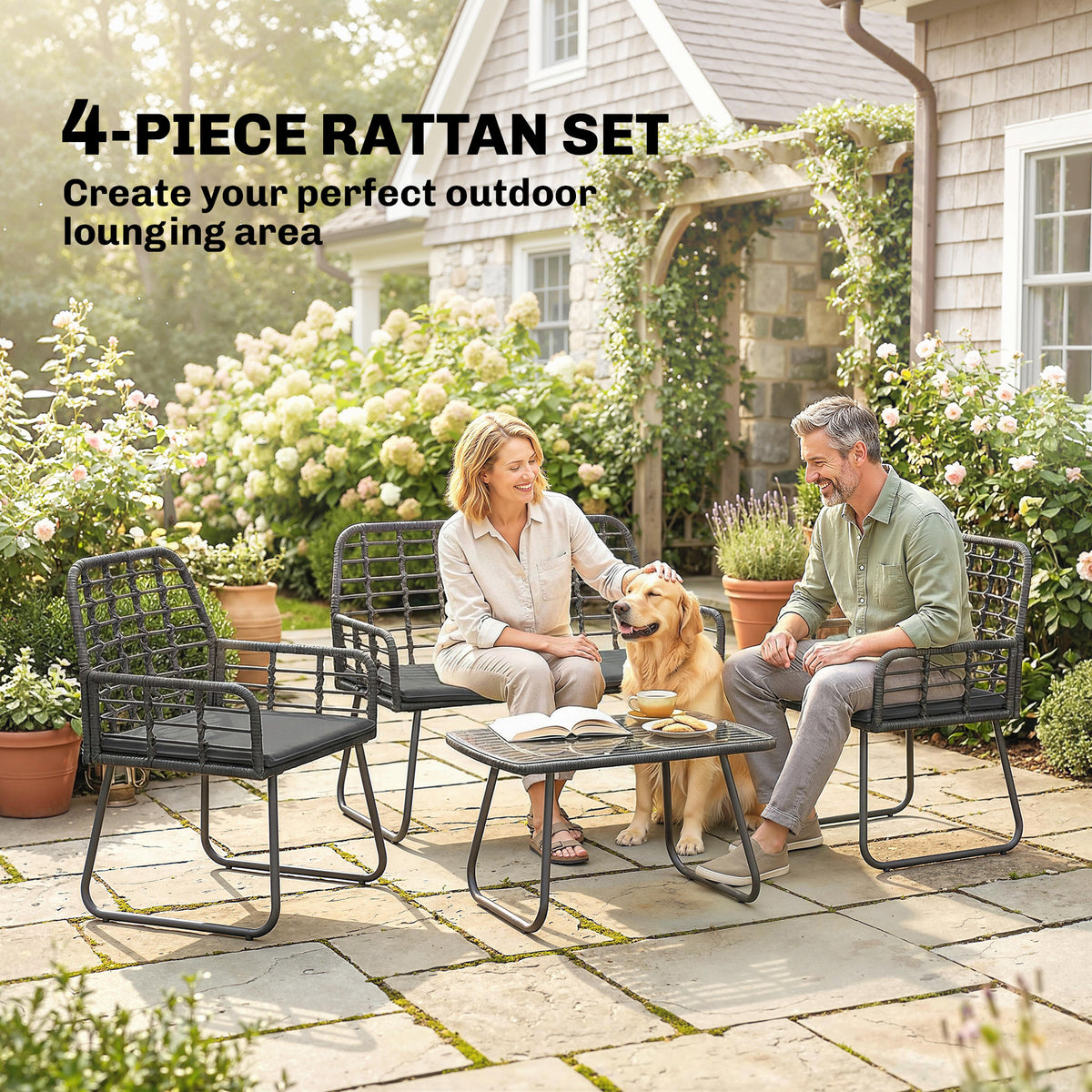 Outsunny 4 Piece Rattan Garden Furniture Set, Outdoor Patio Furniture with Loveseat, Armchairs and Coffee Table