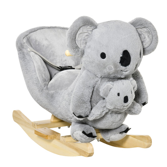 Photo of HOMCOM Kids Toddler Rocking Horse Plush Ride On Koala Rocker Wooden Base Seat Safety Belt w/ Gloved Doll Toy for 18-36 Months Grey in Grey colour on a white background