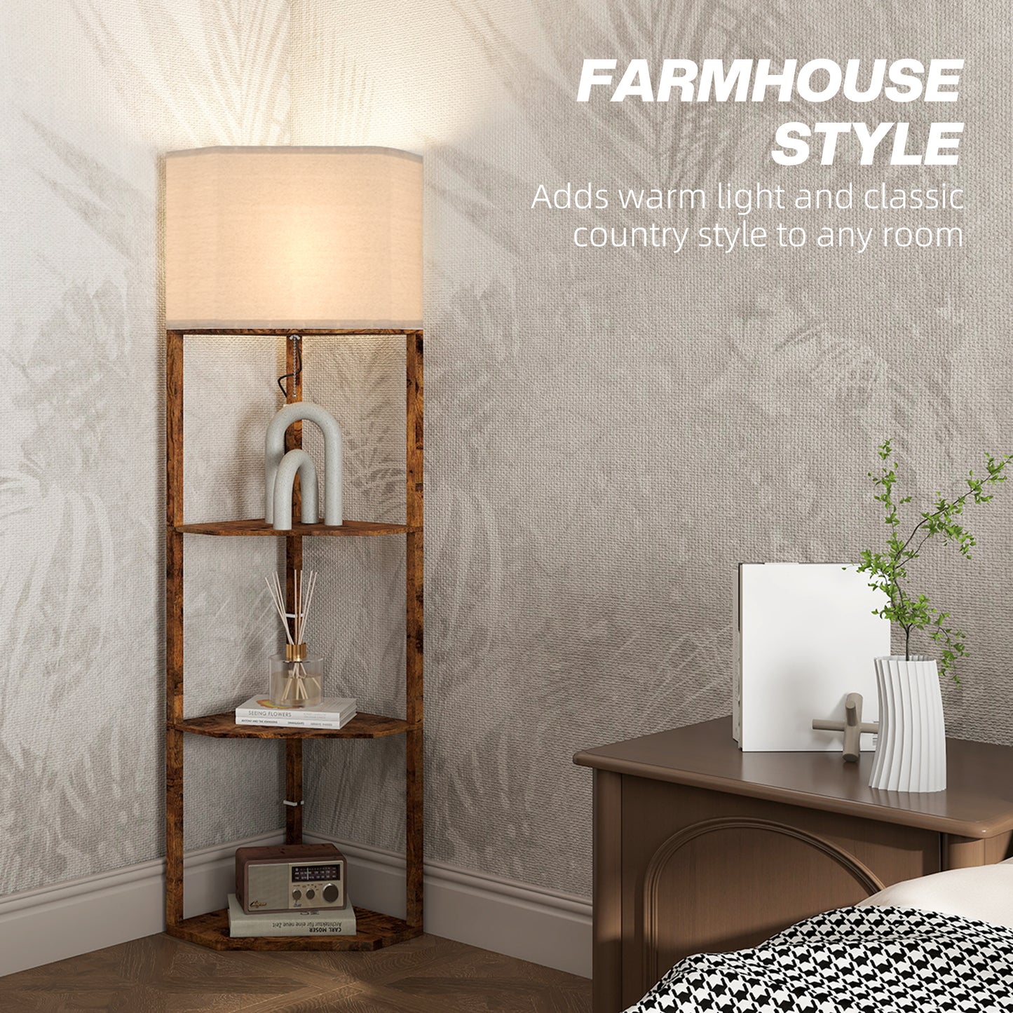 HOMCOM Corner Floor Lamp with Shelves, Tall Standing Lamps for Living Room, with Pull Chain Switch Bulb not Included, Rustic Brown