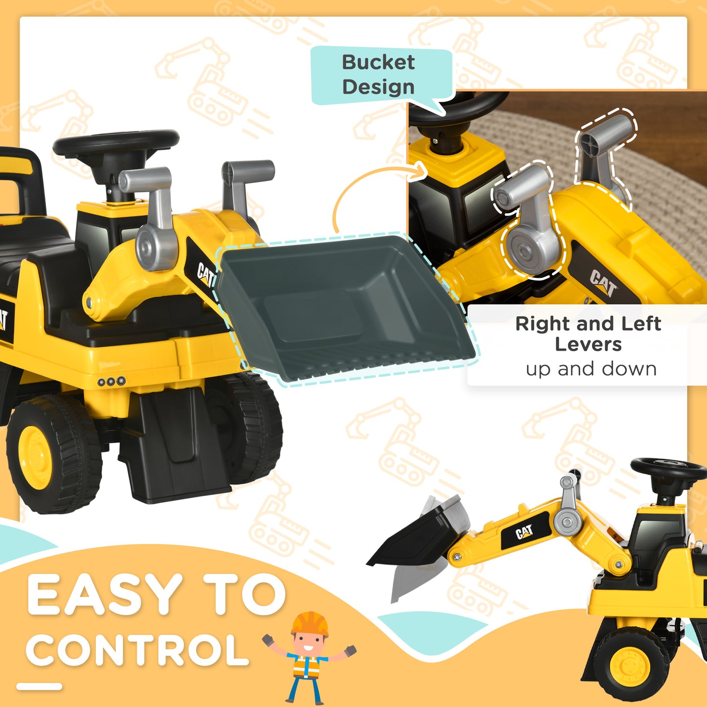 HOMCOM Ride on Tractor, CAT Licensed Kids Ride On Digger Excavator, Construction Toy Car with Adjustable Bucket, Horn, for Ages 1.5-3 Years