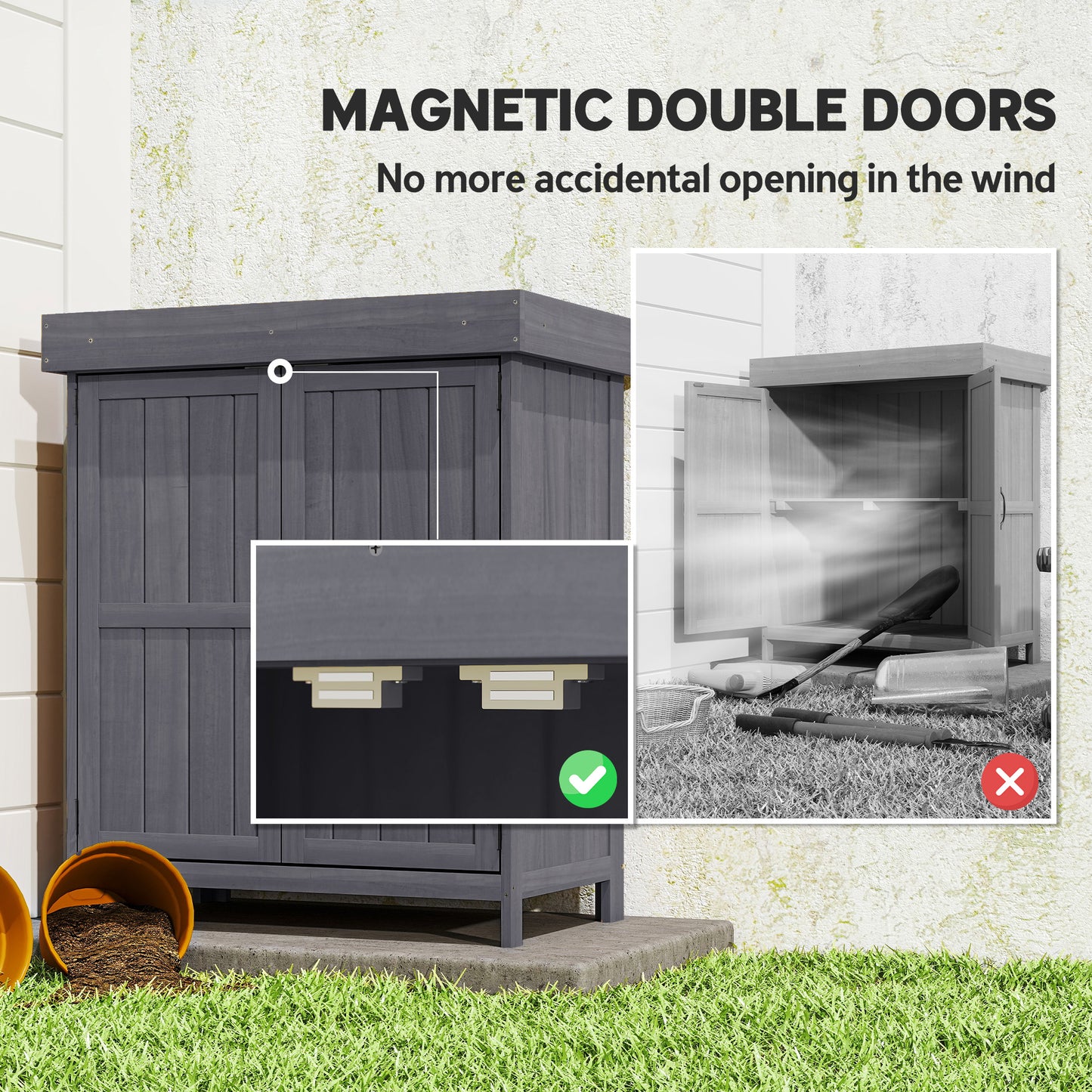 Outsunny Small Shed, Wooden Garden Shed with Openable Hinged Roof and Removable Shelf, Outdoor Tool Storage Cabinet Chest with Double Doors, 74 x 43 x 88 cm, Grey