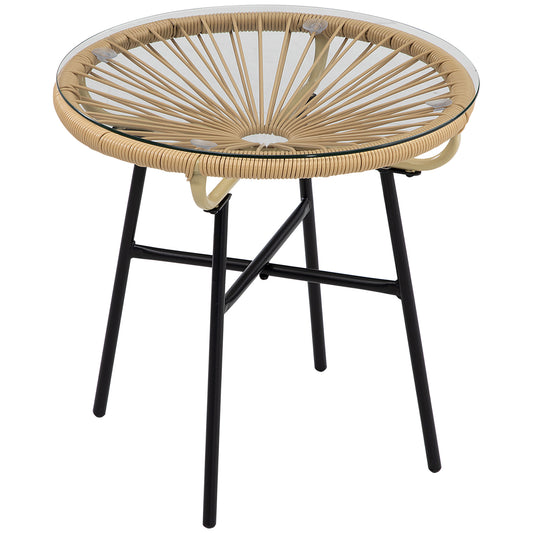 Photo of Outsunny Rattan Side Table, Round Outdoor Coffee Table, with Round PE Rattan and Tempered Glass Tabletop for Patio, Garden, Balcony, Beige in Beige colour on a white background