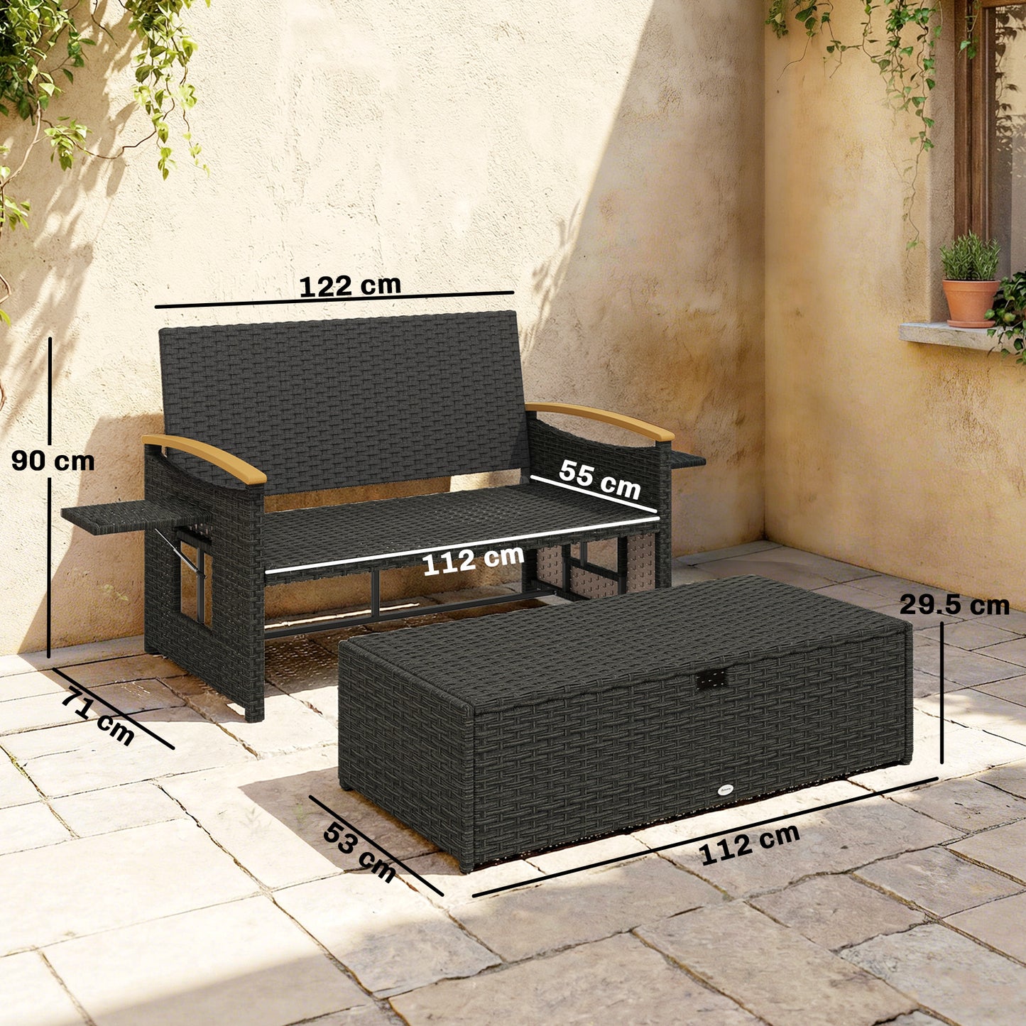 Outsunny Double Garden Rattan Daybed, Wicker Sun Bed Chaise Lounger with Storage Ottoman, 4-Level Adjustable Backrest, Dark Grey