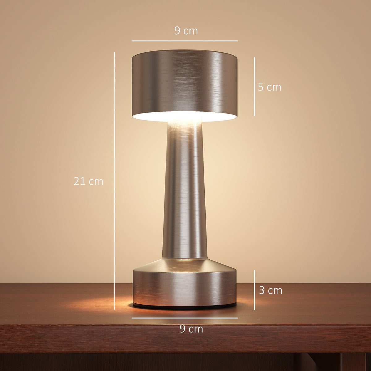HOMCOM silver table lamp with dimensions marked: 21 cm tall and 9 cm wide