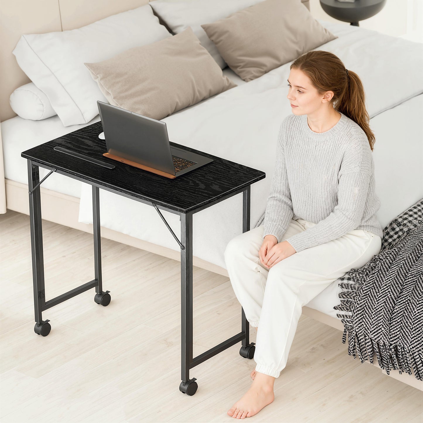 HOMCOM Folding Small Desk on Wheels - Black Wood Effect