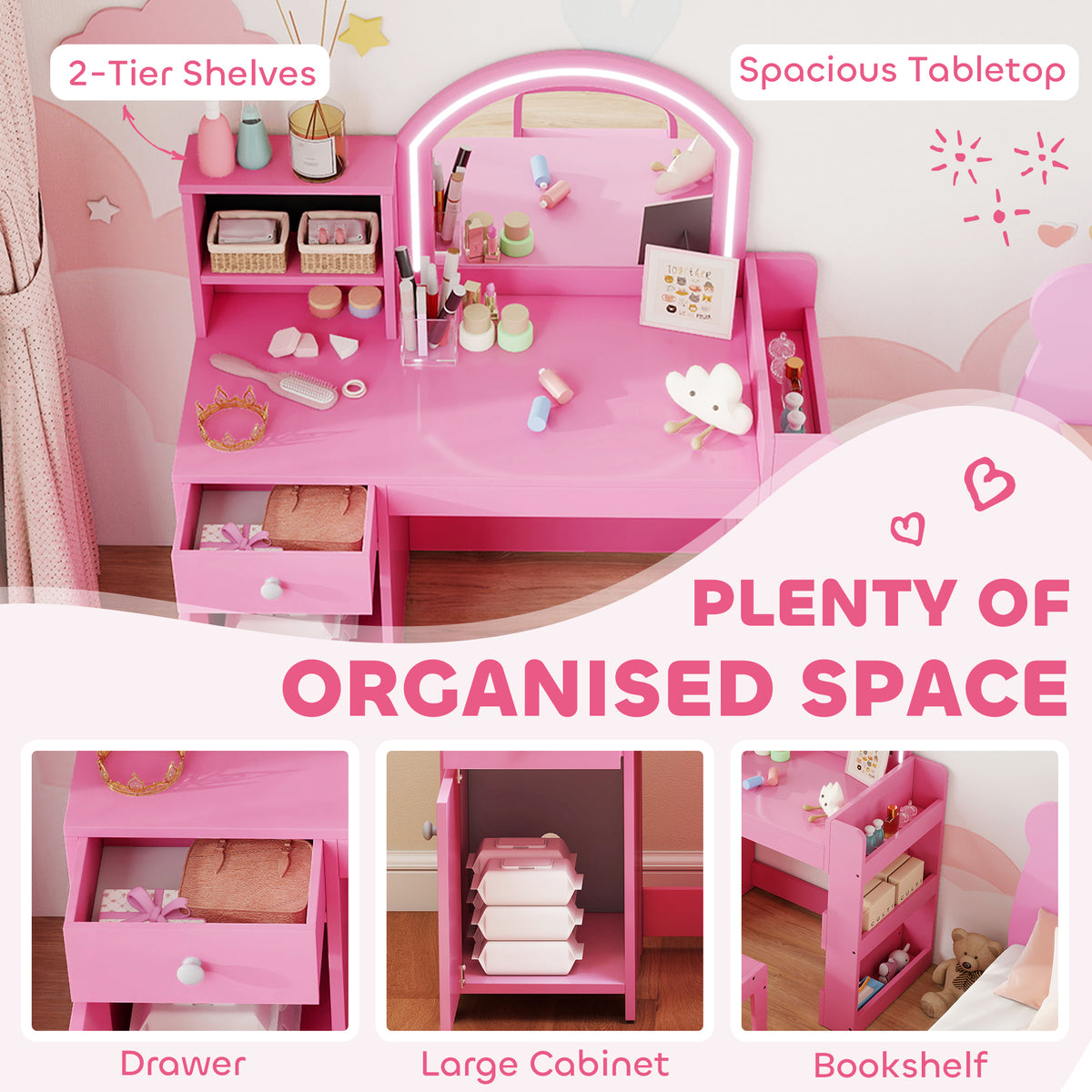 AIYAPLAY Kids Vanity Table and Chair Set, Girls Dressing Table with 2-Colour LED Mirror, Stool, Cabinet, Drawer, Shelves, Pink