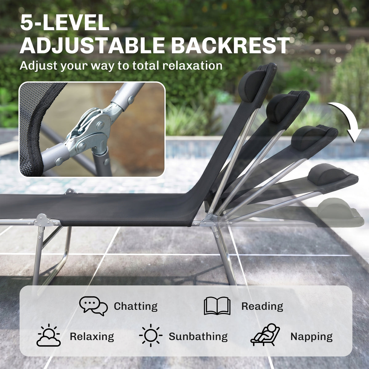 Black folding sun lounger with a five-position adjustable backrest and padded headrest