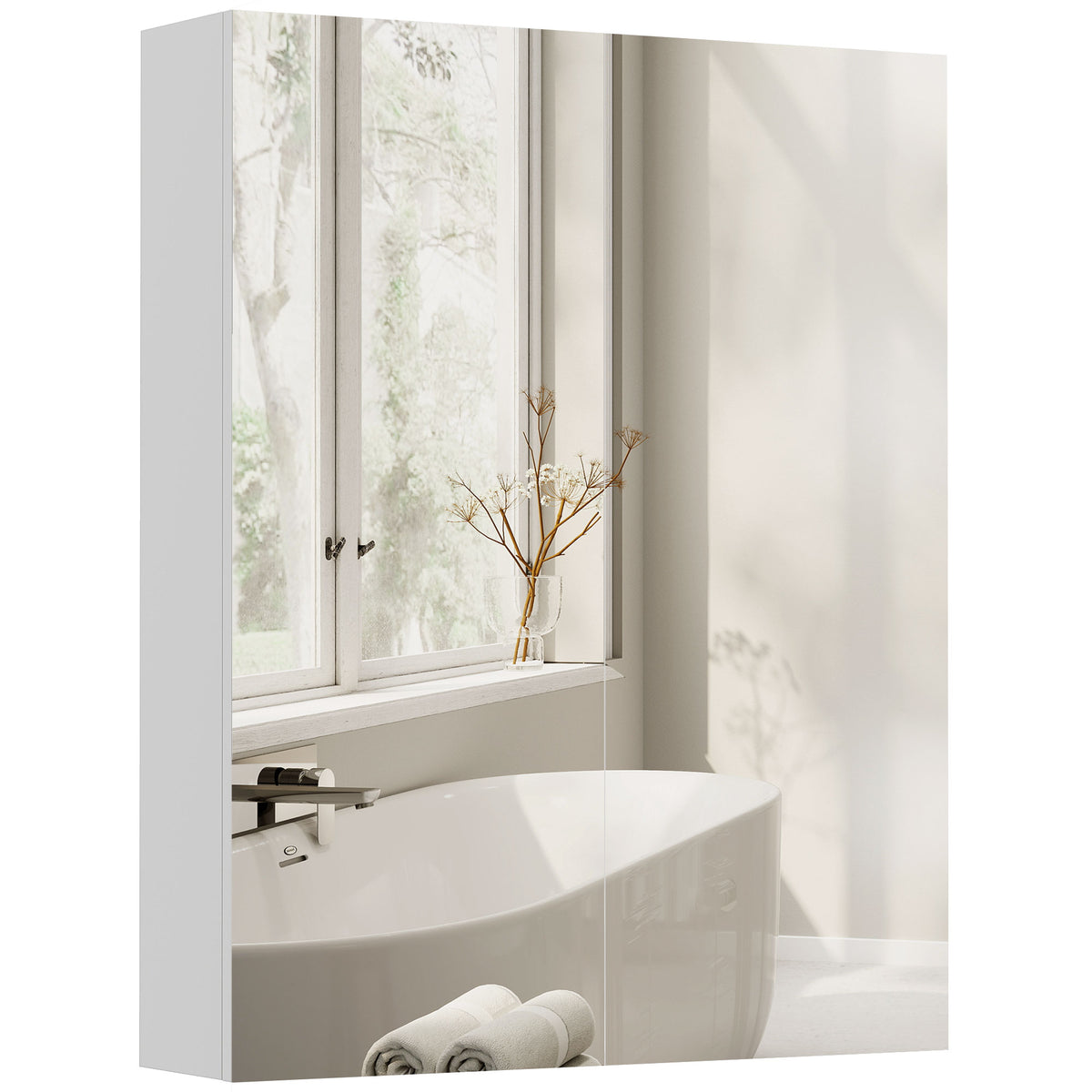 White bathroom mirror cabinet with two reflective doors, mounted above a bathtub.