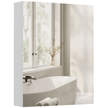 White bathroom mirror cabinet with two reflective doors, mounted above a bathtub.