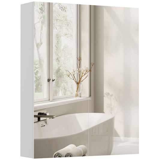 White bathroom mirror cabinet with two reflective doors, mounted above a bathtub.