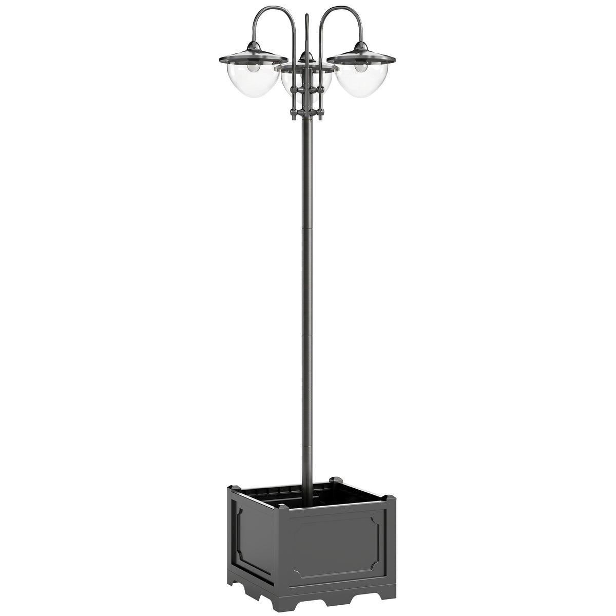 Black solar lamp post with three glass lights and square planter base