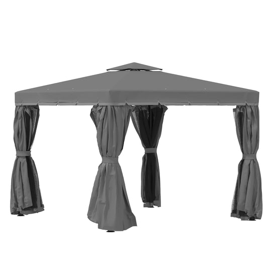 Photo of Outsunny 3 x 3(m) Patio Gazebo Canopy Garden Pavilion Tent Shelter Marquee with 2 Tier Water Repellent Roof, Mosquito Netting and Curtains, Aluminium Frame, Dark Grey in Grey colour on a white background